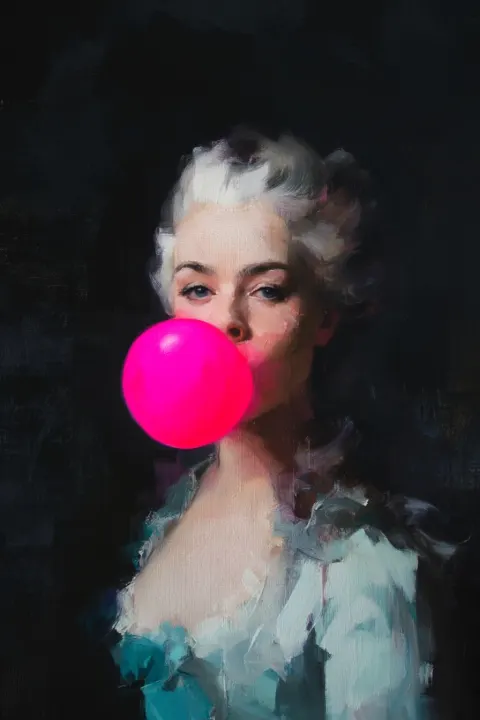 A dark portrait of Marie Antoinette in a Rococo dress, with her hair pinned up and powdered white
