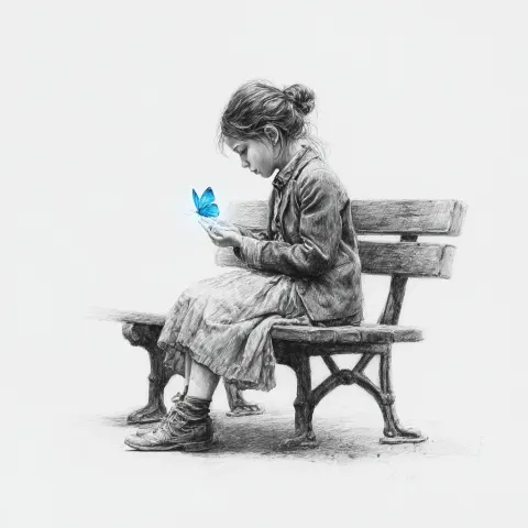 Photorealistic pencil sketch of a lonely young girl sitting on a simple wooden bench