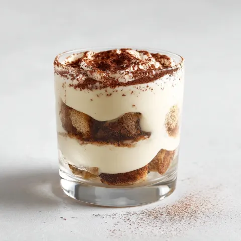 Professional food photography of tiramisu served in a glass verrine