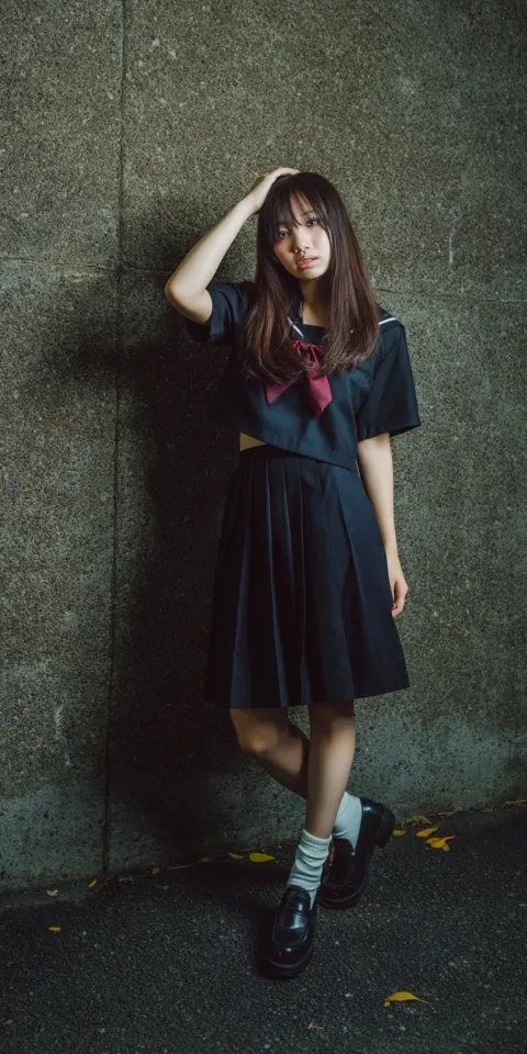 Realistic fashion portrait photography of a Japanese school uniform woman, 20-something