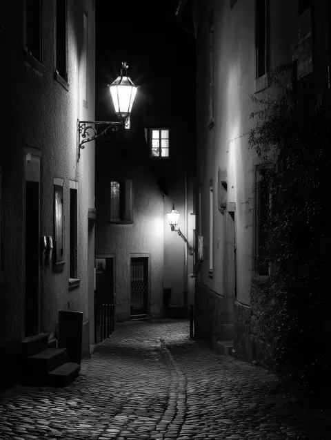 Schwarz-weiß Foto einer schmalen alten Gasse in einer südeuropäischen Stadt, es ist Nacht