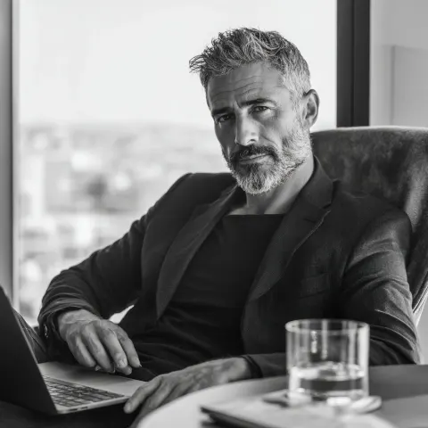 Carlos, a 45-year-old Spanish businessman with a youthful athletic build, slightly wider face