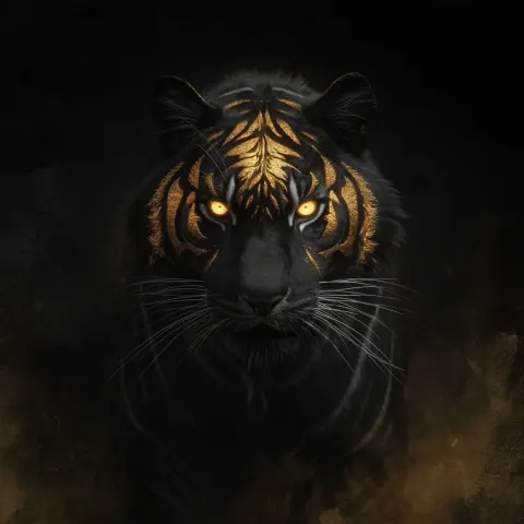 A black tiger with glowing eyes, white lines on its body