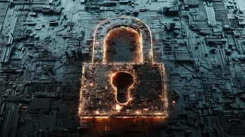 Security: A heavy, glowing digital padlock overlaid on a circuit board background.