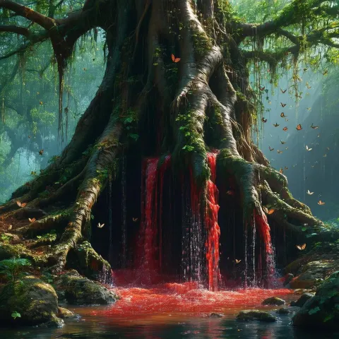 Crimson Water Cascading Through a Dying Tree