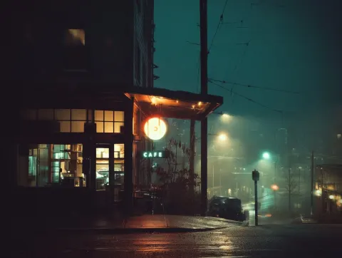 Seattle cafe from the street with sign, realistic cinema feel, canon camera