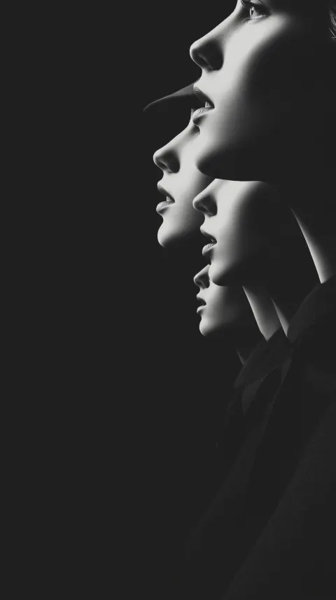 Several women aligned side by side, surreal theatrical composition