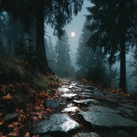 Very close trees and fallen leaves in front of the camera