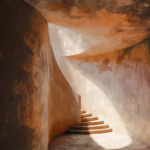 Sunlit plaster geometry of sunlit staircase corner with one curved opening