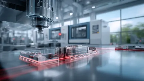 A bright, ultra-clean high-tech micro molding manufacturing environment with a macro close-up view o