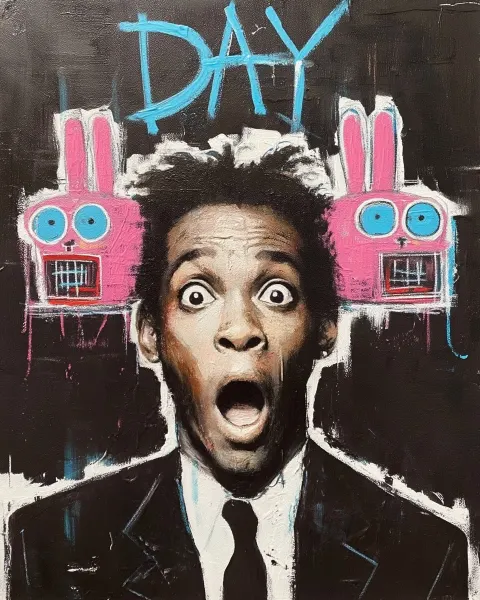 A man in a suit with a shocked expression, two pink rabbits with blue eyes and open mouths on the si