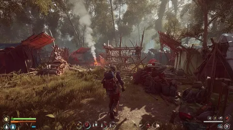 Third-person gameplay screenshot, survivor character walking through a dense forest survival camp