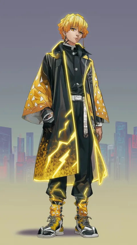 Full body view of Zenitsu Agatsuma with yellow gradient hair flaring, sharp golden eyes