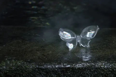 A fragile glass butterfly with iridescent reflections, perched in a dark damp environment
