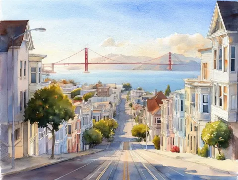 Watercolor hand drawn painting of San Francisco California cityscape viewed from a steep residential