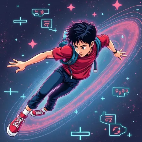 Asian Teen Soaring Through the Pixel Metaverse