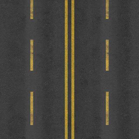 Seamless tileable asphalt road texture, dark gray tarmac, yellow dashed center line lane markings