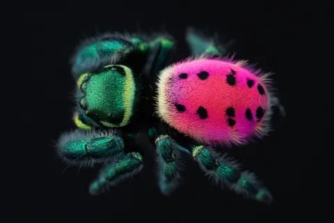 This jumping spider is small and densely furred, broad through the cephalothorax and compact through