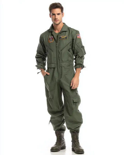 Top gun green flight suit costume for men, plain white background