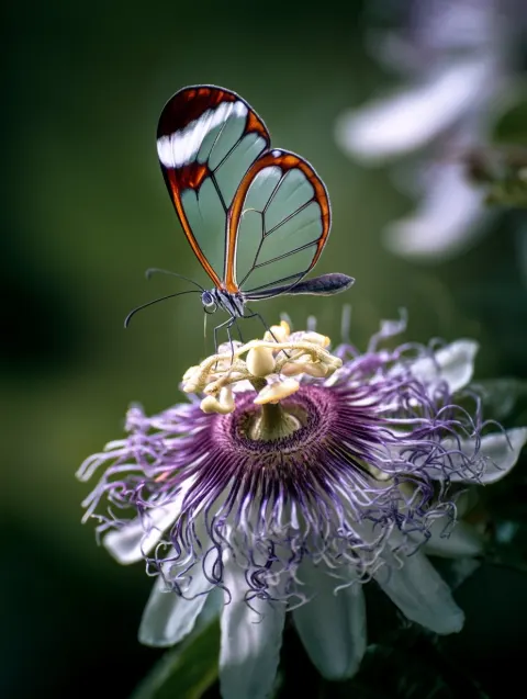 Translucent glasswing butterfly perched on a passion flower, Passiflora
