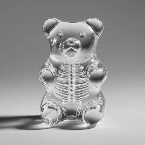 Transparent gummy bear with a visible skeleton inside, x-ray aesthetic, glossy jelly texture