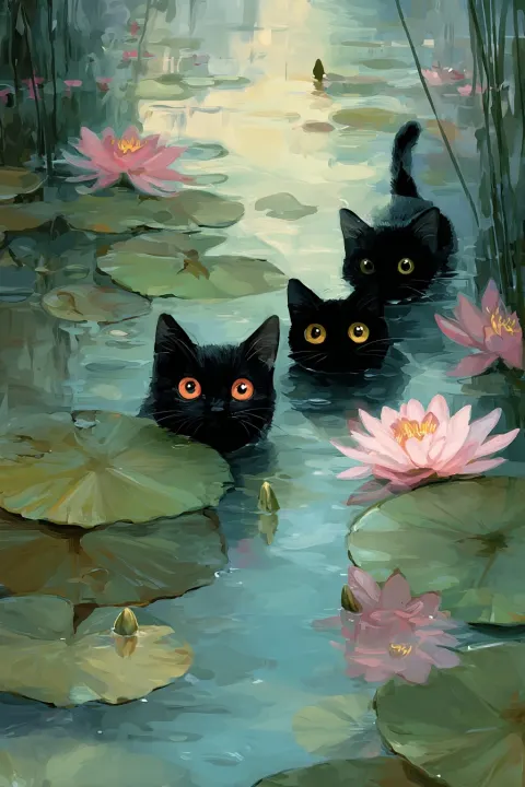 Two black cats, one with orange eyes and the other with yellow