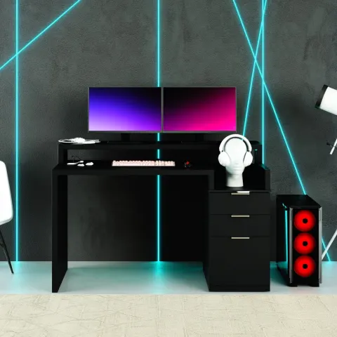 Ultra realistic catalog photo of a modern black gaming desk in a clean contemporary room
