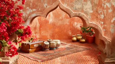 Ultra realistic Indian commercial TVC still, wide medium shot of old North Indian haveli rooftop ter