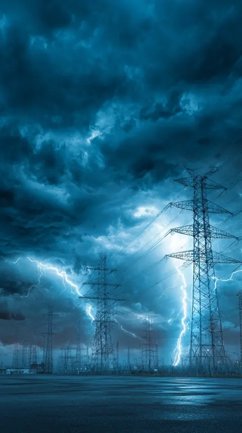 Vertical shot of futuristic power pylons during a high-tech thunderstorm. The towers are catching gl
