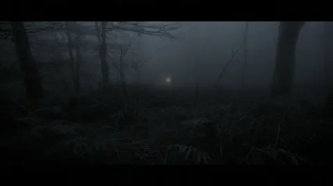 Very dense dark night fog swallowing the entire image, war reportage photography