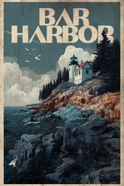 Vintage poster Bar Harbor Maine, rocky coastline and lighthouse, cool tones