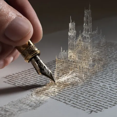 A filigree hand holds an ornate fountain pen, it is drawing a cathedral that is rising up off of a s