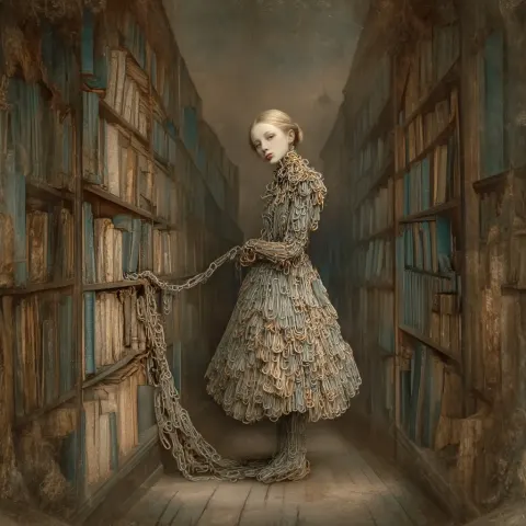 Minimal surreal composition: a blond human figure wearing a dress entirely made of interlocking pape